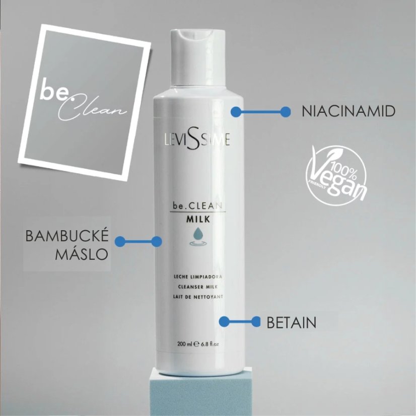 Levissime be.CLEAN MILK – profesionální čisticí mléko s niacinamidem pro suchou a zralou pleť, 200 ml